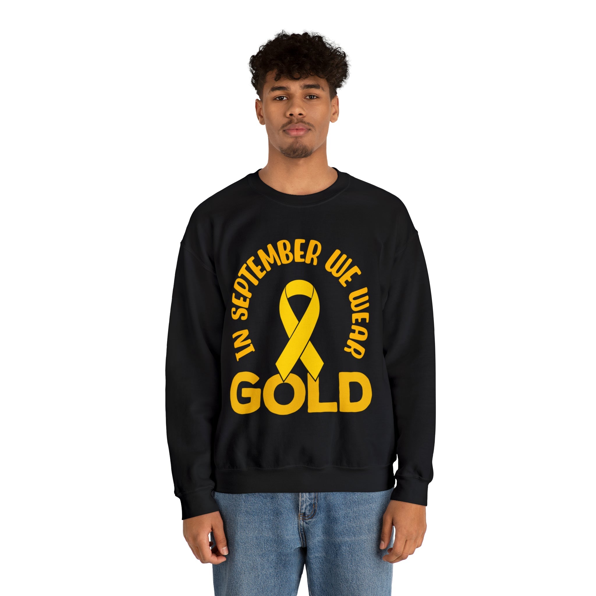 In September we wear gold Unisex Heavy Blend™ Crewneck Sweatshirt, Childhood Cancer Awareness - Actious