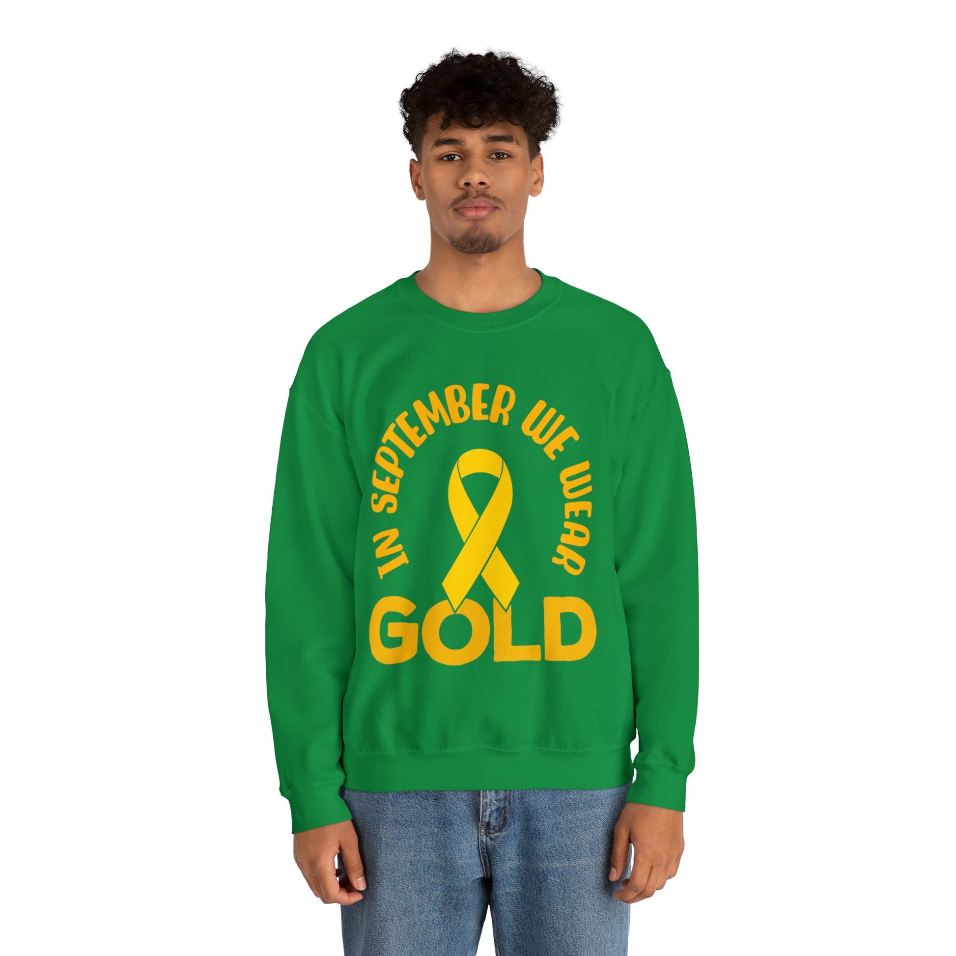 In September we wear gold Unisex Heavy Blend™ Crewneck Sweatshirt, Childhood Cancer Awareness - Actious