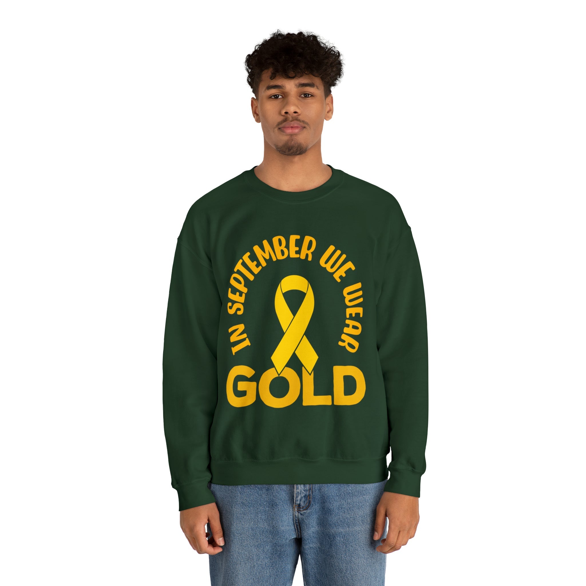 In September we wear gold Unisex Heavy Blend™ Crewneck Sweatshirt, Childhood Cancer Awareness - Actious