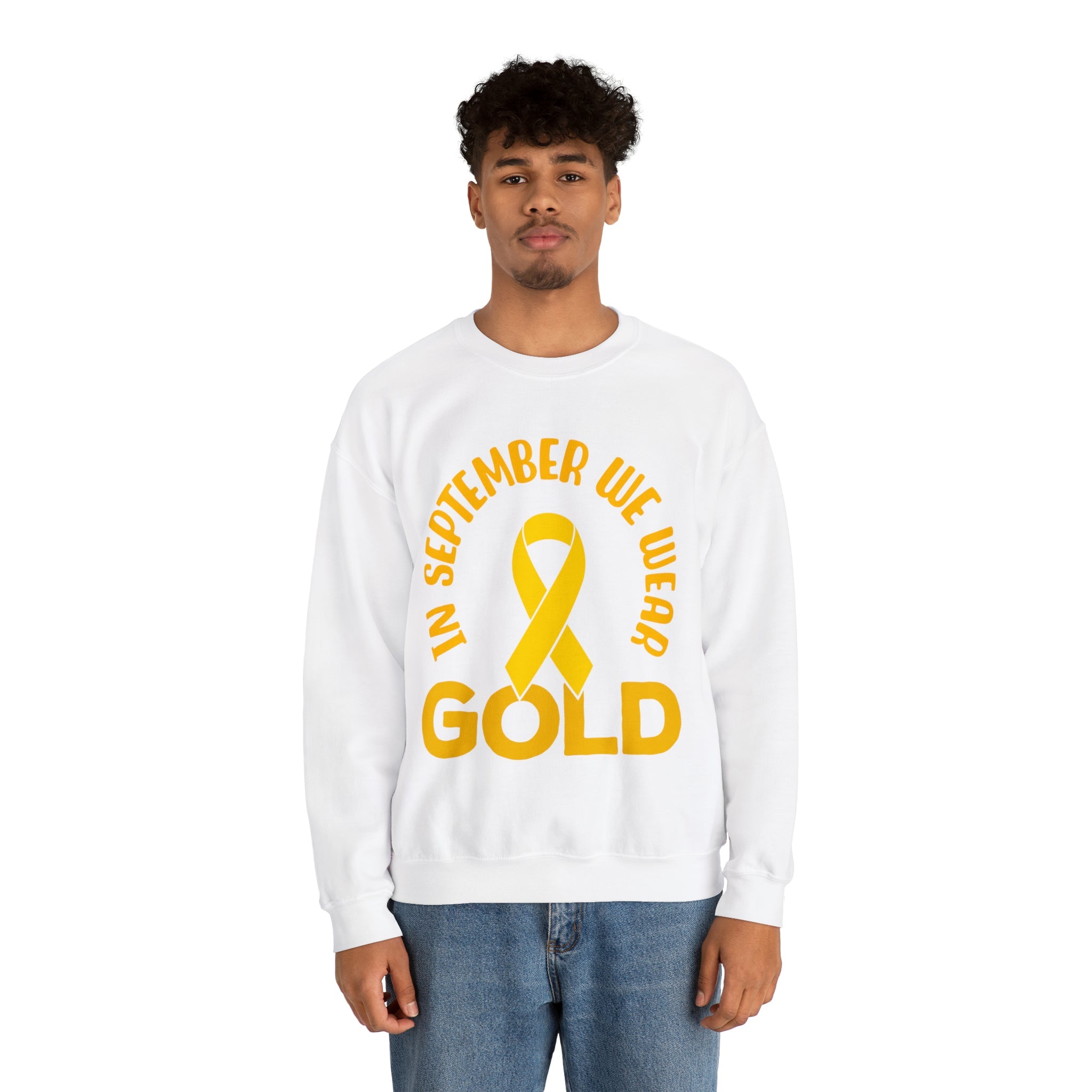 In September we wear gold Unisex Heavy Blend™ Crewneck Sweatshirt, Childhood Cancer Awareness - Actious