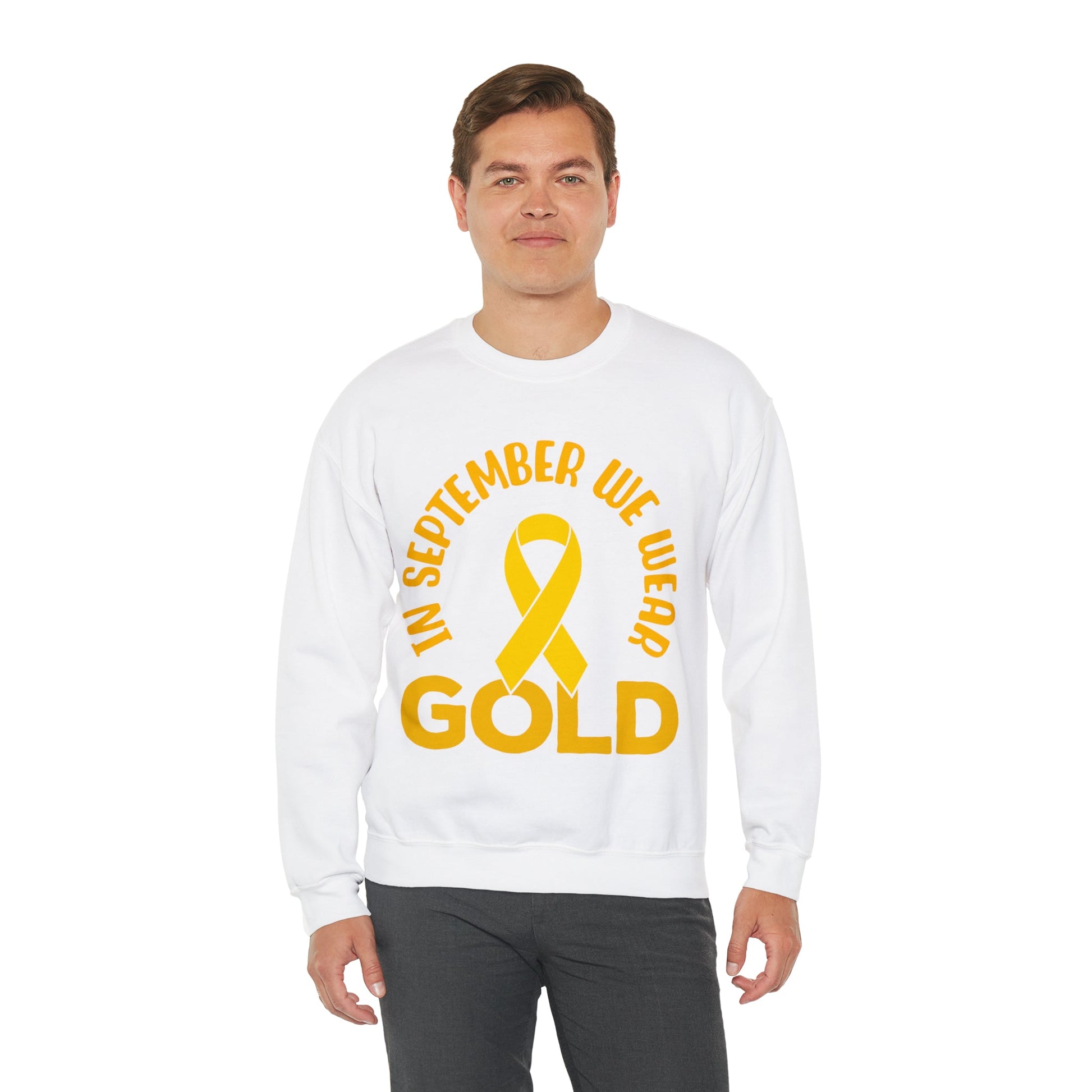 In September we wear gold Unisex Heavy Blend™ Crewneck Sweatshirt, Childhood Cancer Awareness - Actious