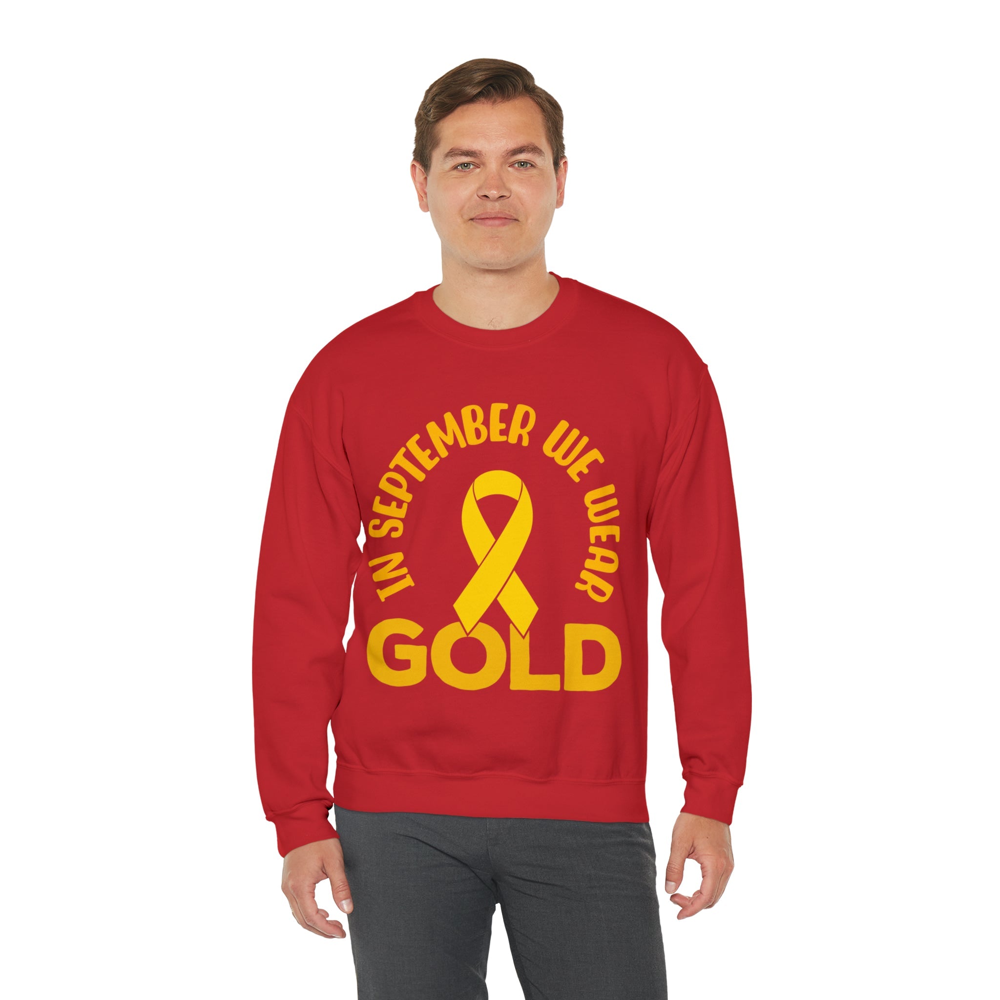 In September we wear gold Unisex Heavy Blend™ Crewneck Sweatshirt, Childhood Cancer Awareness - Actious