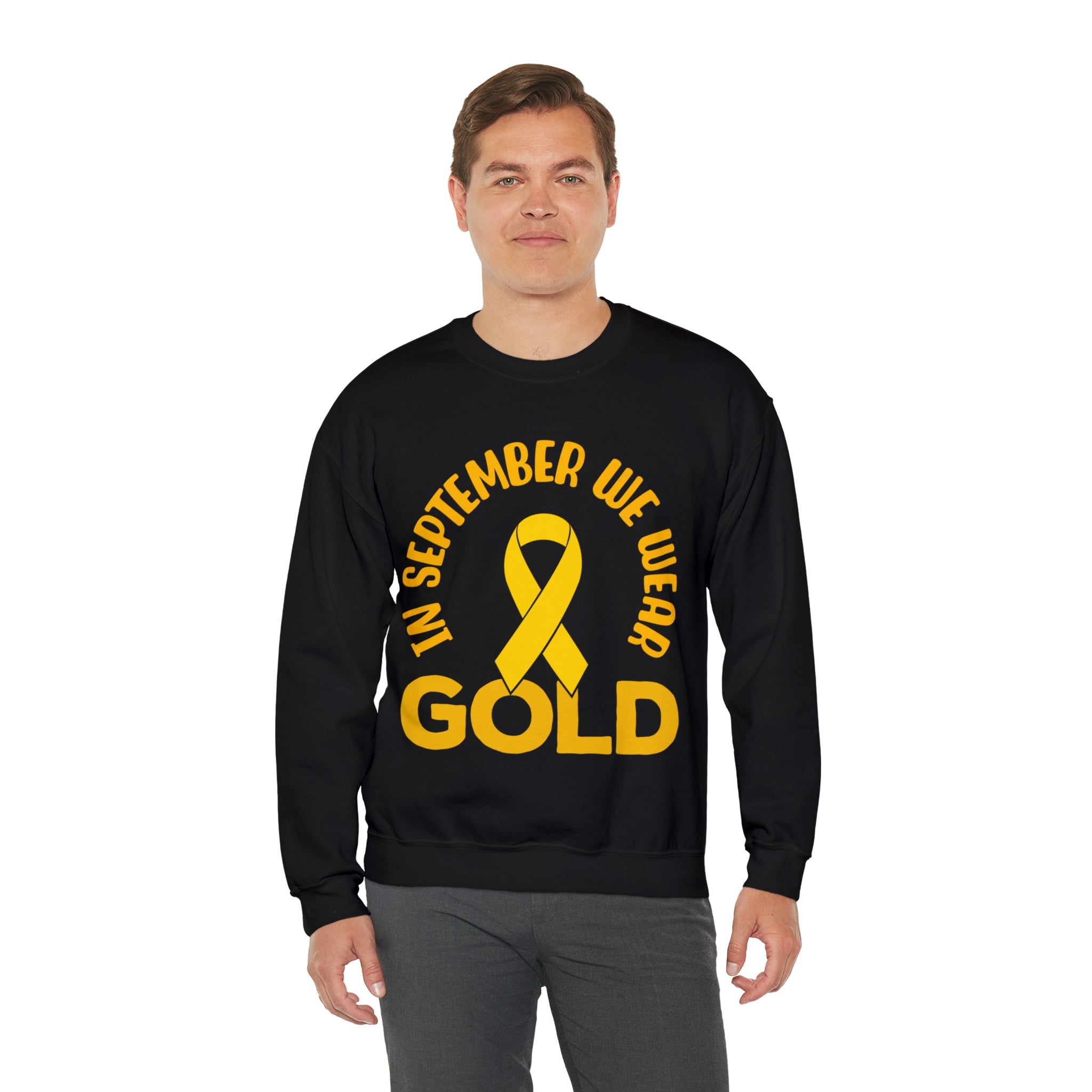 In September we wear gold Unisex Heavy Blend™ Crewneck Sweatshirt, Childhood Cancer Awareness - Actious