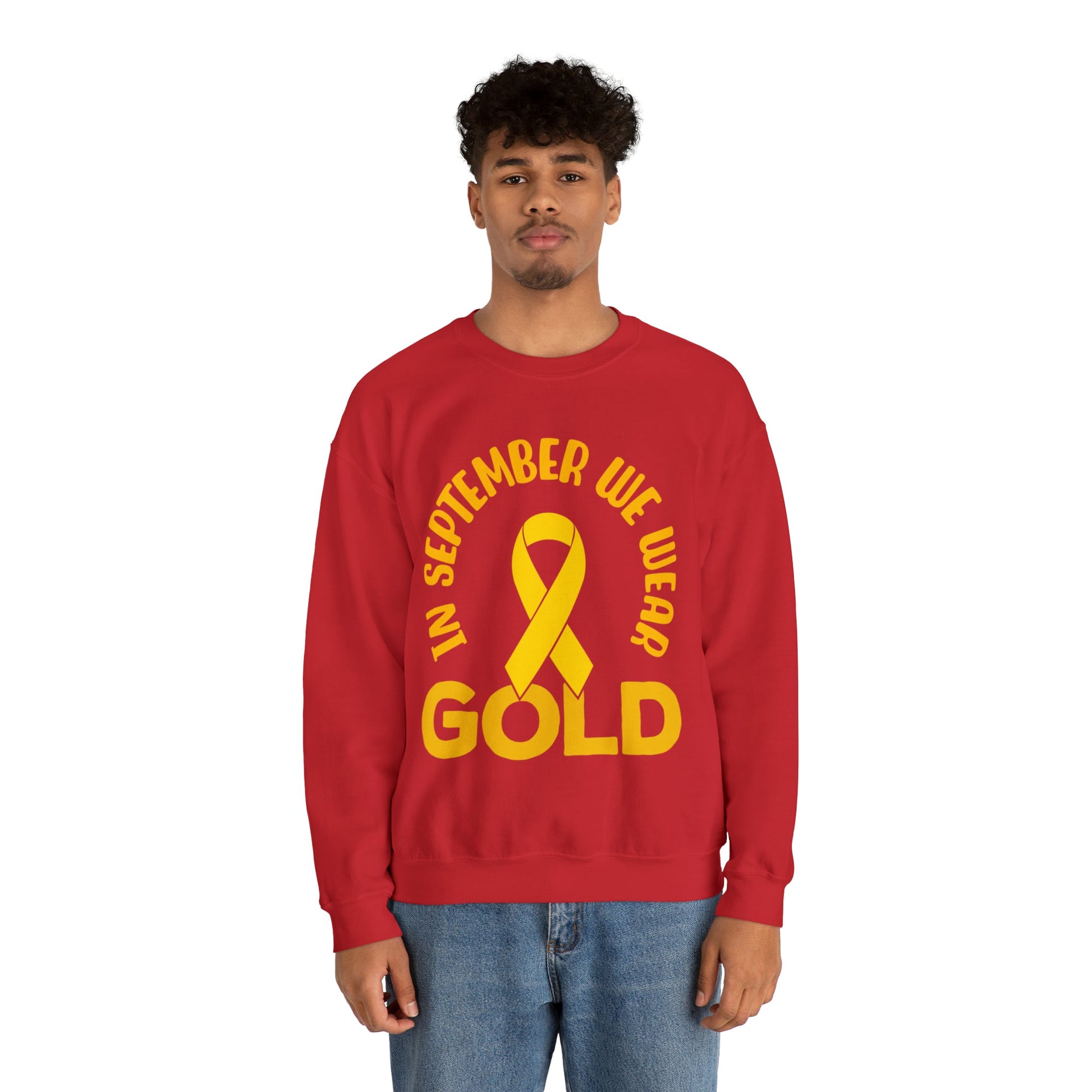 In September we wear gold Unisex Heavy Blend™ Crewneck Sweatshirt, Childhood Cancer Awareness - Actious