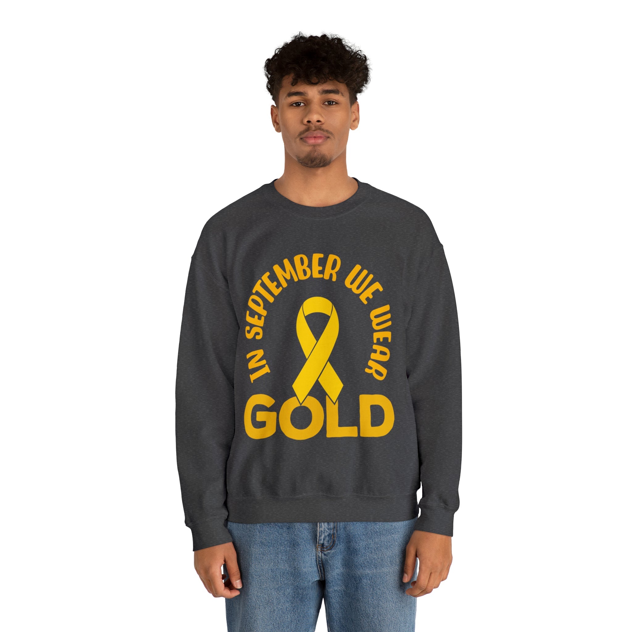 In September we wear gold Unisex Heavy Blend™ Crewneck Sweatshirt, Childhood Cancer Awareness - Actious