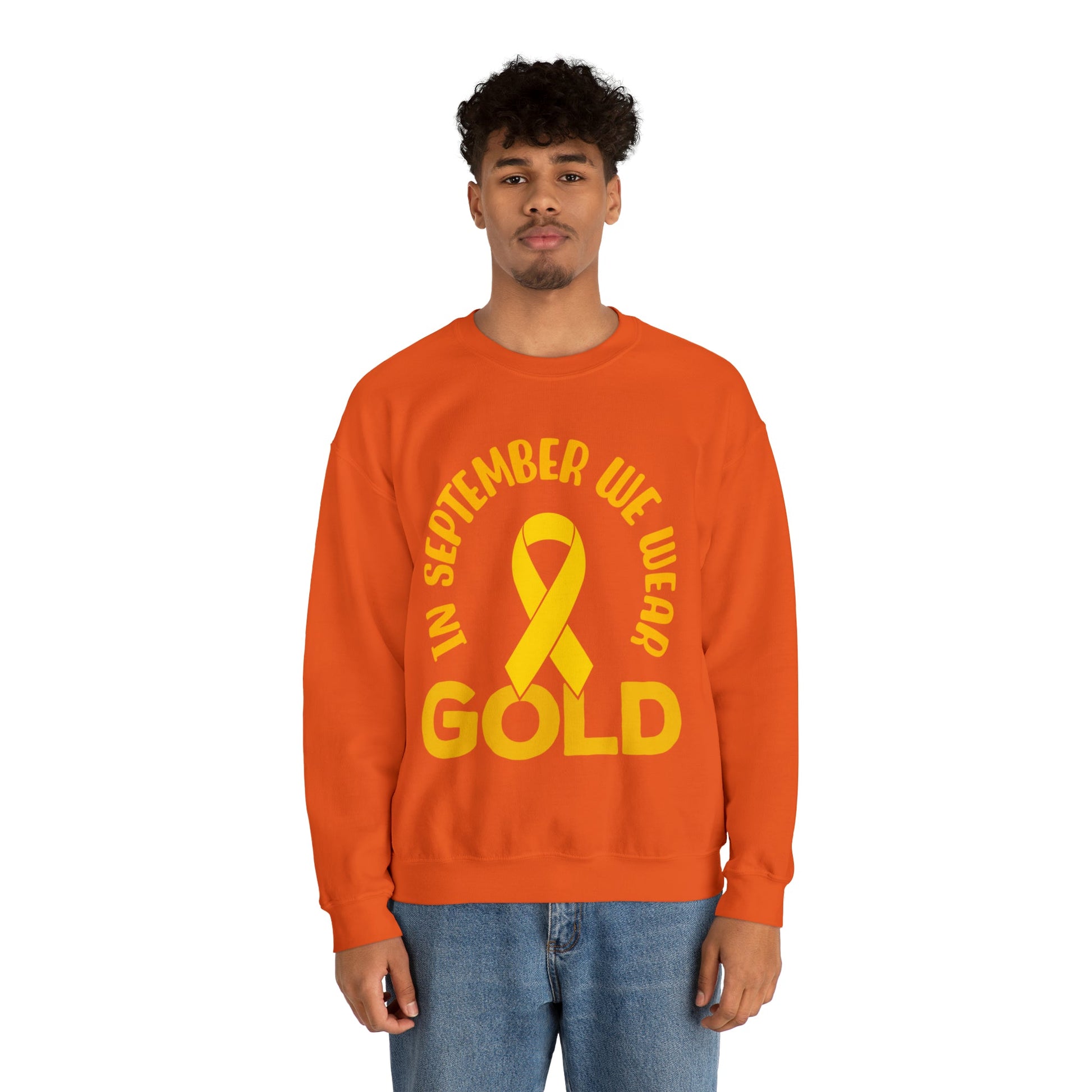 In September we wear gold Unisex Heavy Blend™ Crewneck Sweatshirt, Childhood Cancer Awareness - Actious