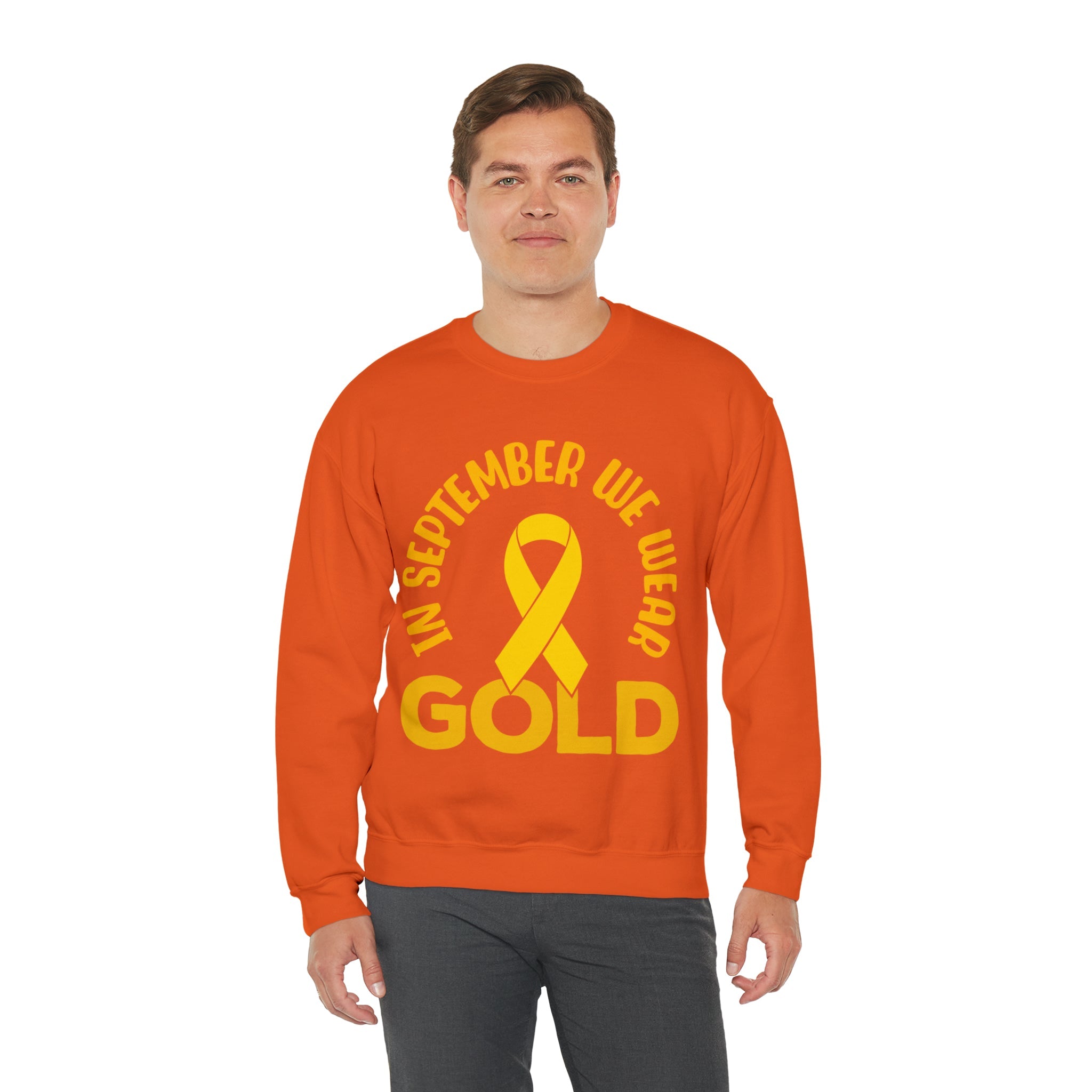 In September we wear gold Unisex Heavy Blend™ Crewneck Sweatshirt, Childhood Cancer Awareness - Actious