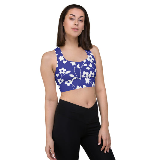 Blue floral pattern Longline sports bra, Workout Crop Bra, Gym Crop Top - Actious