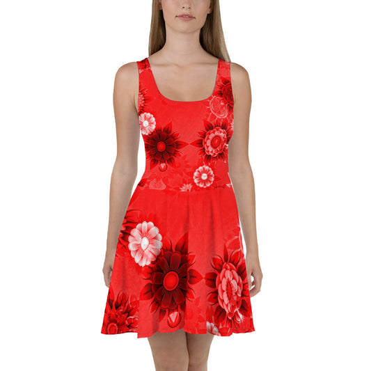 Red Floral all over print Skater Dress - Actious