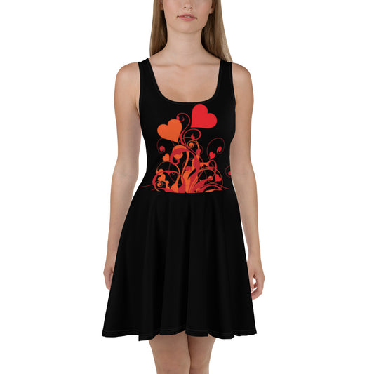 Black and Red Hearts Skater Dress, Party-ready Skater Dress - Actious