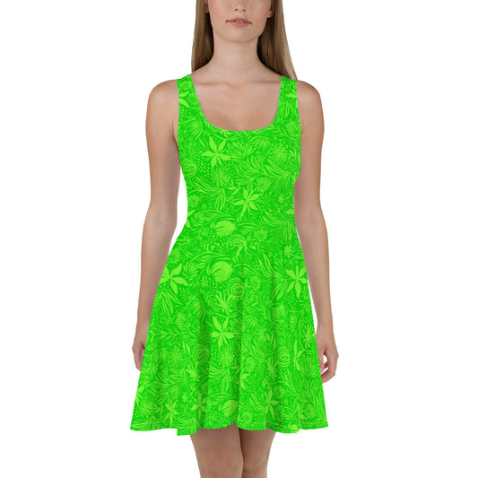 Green Floral pattern Skater Skirt, Party-ready Skater Dress, A-line dress