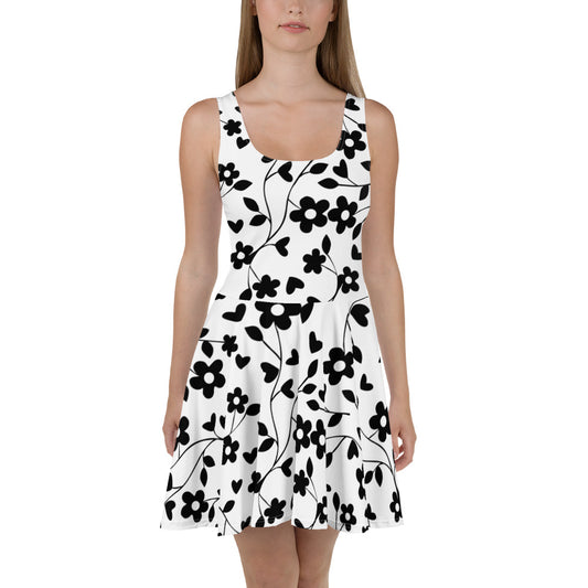 White and Black floral pattern all over print Skater Dress - Actious