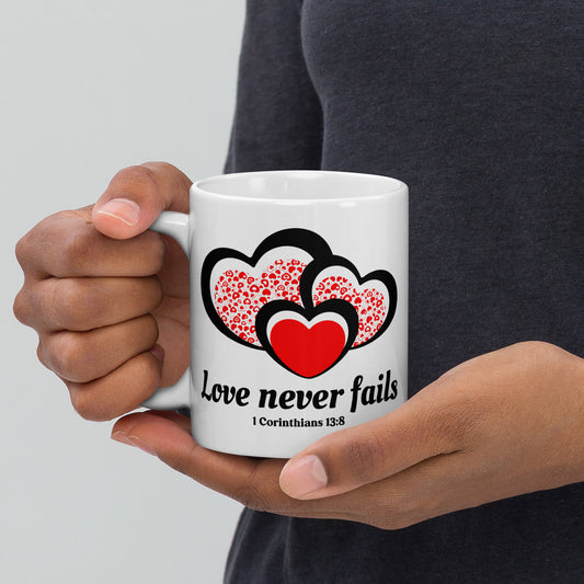 Love Never Fails, Three hearts White glossy mug - Actious