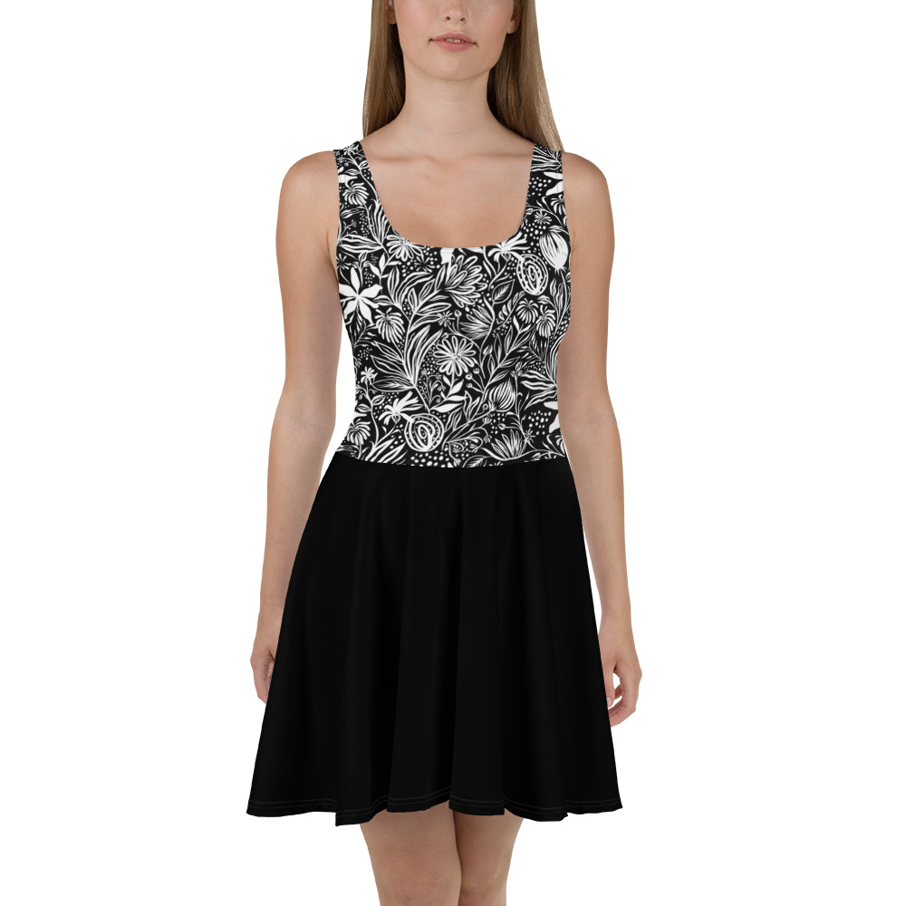Black floral patern All over print Skater Dress for women