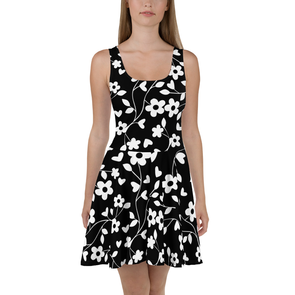 Black Floral pattern All over print Skater Dress for women