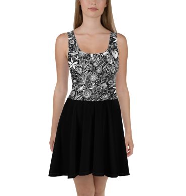 Black floral patern All over print Skater Dress for women